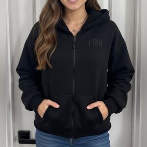 PINK Victoria's Secret Black Sherpa-Lined Full-Zip Hoodie